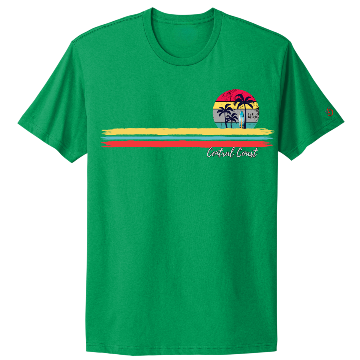 Kelly green streetwear graphic t shirt featuring a retro sunset design with palm trees, colorful brushstroke stripes, and “Central Coast” script — blending surf style with 145 North branding.
