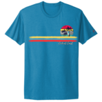 Blue streetwear graphic t shirt featuring a retro sunset design with palm trees, colorful brushstroke stripes, and “Central Coast” script — blending surf style with 145 North branding.