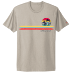 Beige surf streetwear t-shirt featuring a vintage sunset circle with palm trees, a surfboard, and colorful retro stripes across the chest, labeled “Central Coast” and branded with 145 North.