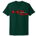 A forest green streetwear graphic t shirt featuring bold red and black stylized text that reads “145 North Streetwear” across the chest, with “145” in a sharp italicized font and “North” in a gothic old English style.